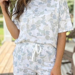 Multicolour Camouflage Print Casual Tee Drawstring Short Set