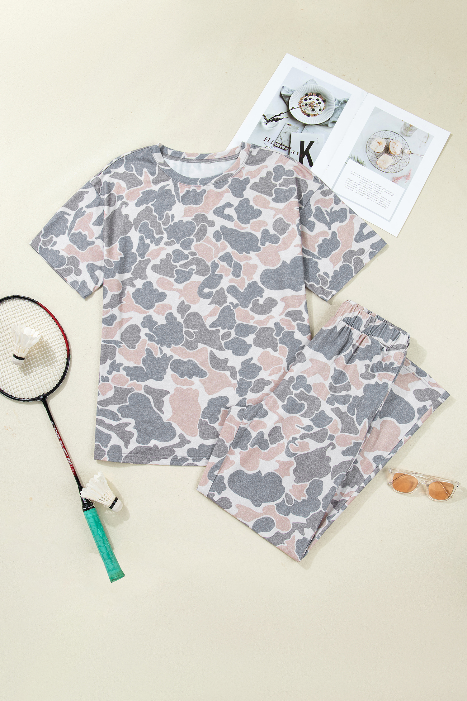 Multicolour Camouflage Short Sleeve Top and High Waist Wide Leg Pants Set - Image 3