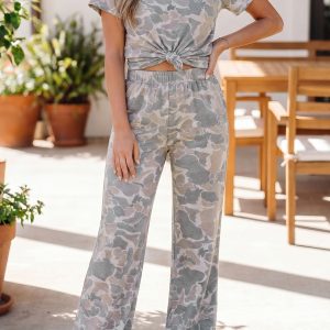 Multicolour Camouflage Short Sleeve Top and High Waist Wide Leg Pants Set