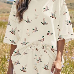 Beige Mallard Duck Print Oversized Tee Drawstring Short Set