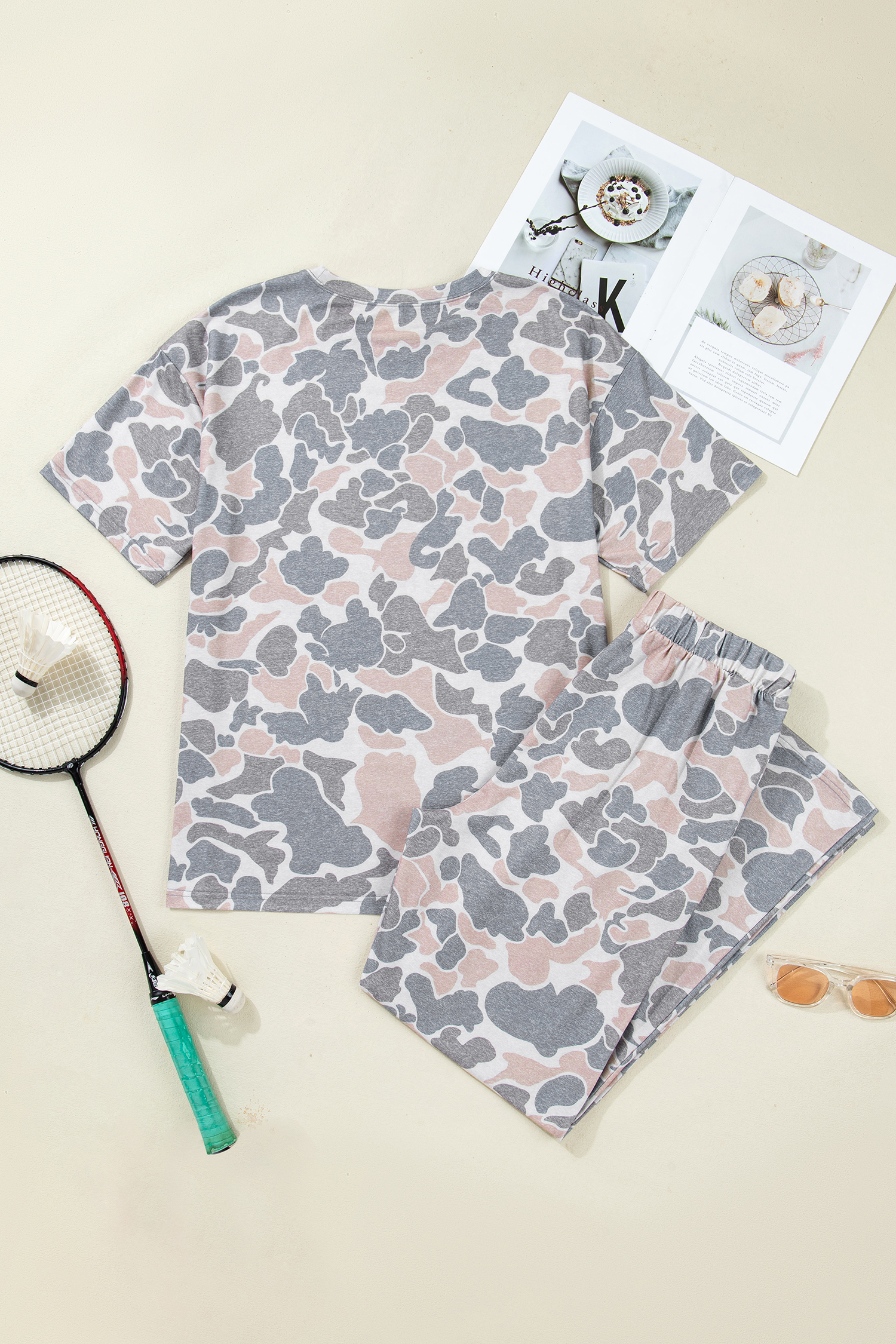 Multicolour Camouflage Short Sleeve Top and High Waist Wide Leg Pants Set - Image 4