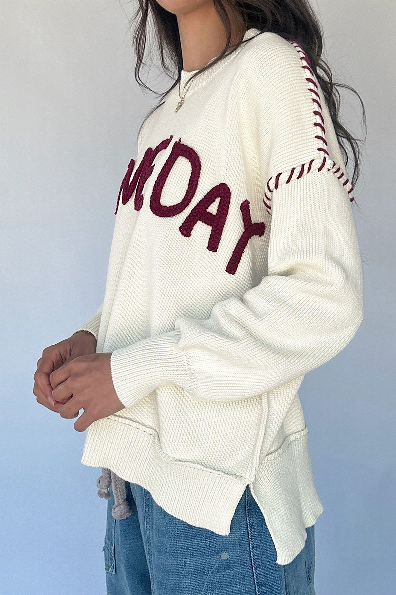 Beige Drop Shoulder Game Day Letter Print Pullover Sweater - Imagen 5