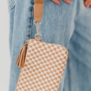 Chestnut Checkered Woven Clutch Wristlet PU Leather Large Size Patterned Wallet