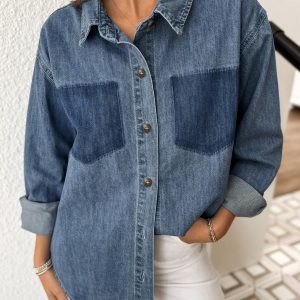 Sky Blue Color Block Pocket Detail Casual Button Down Denim Shirt