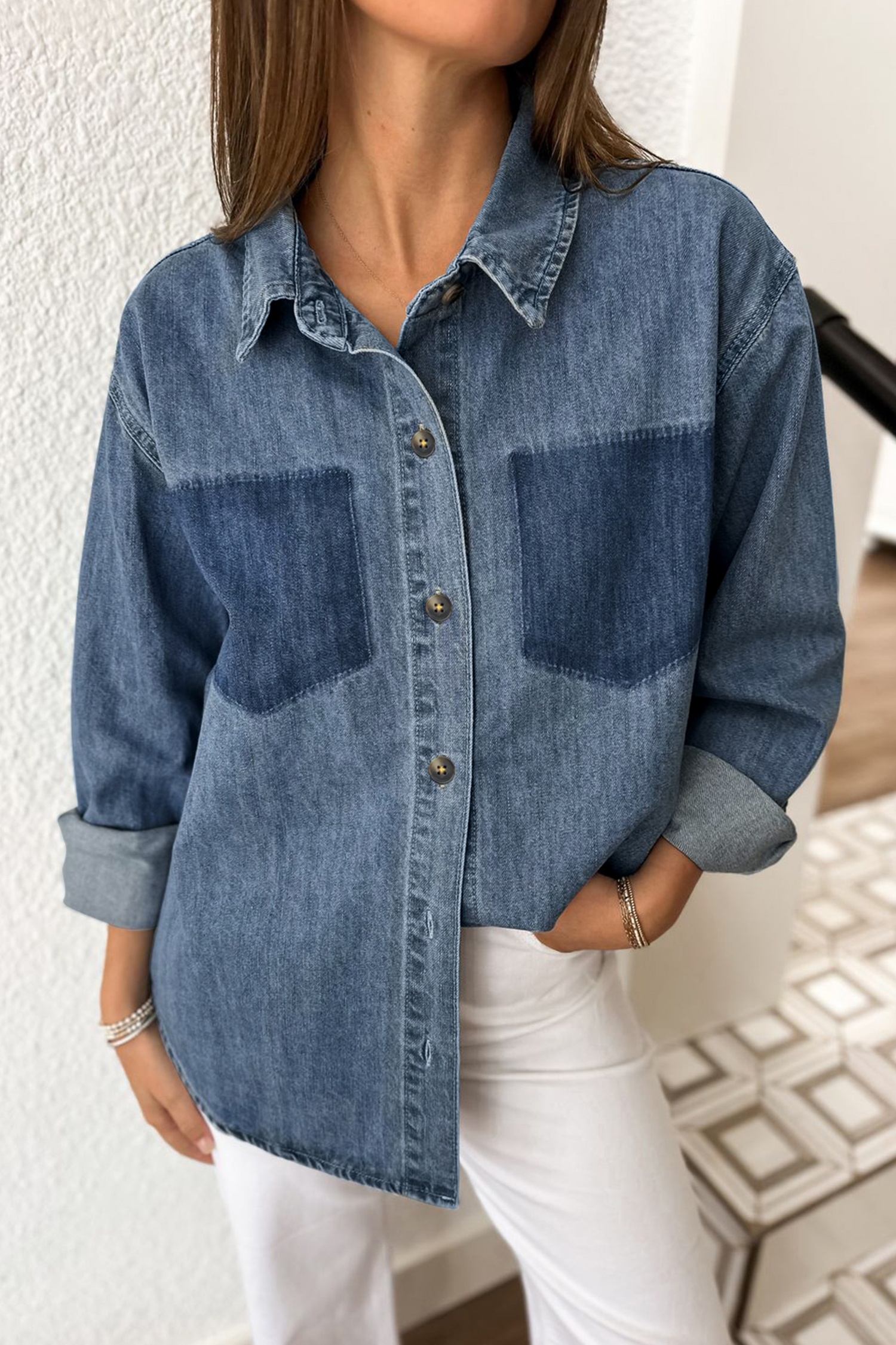 Sky Blue Color Block Pocket Detail Casual Button Down Denim Shirt - Image 3