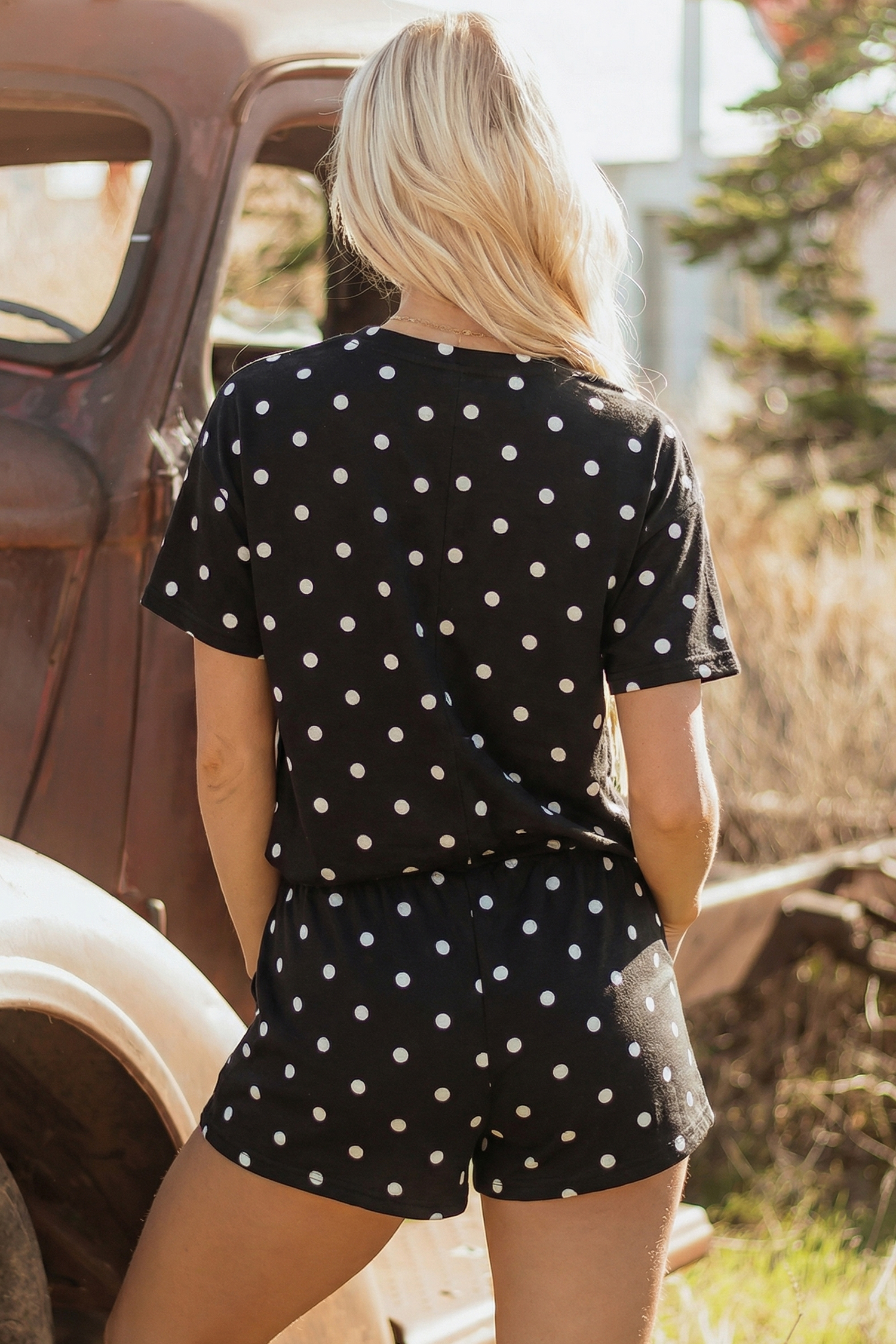 Pink Polka Dot Short Sleeve Loose Top Drawstring Shorts Set - Image 11