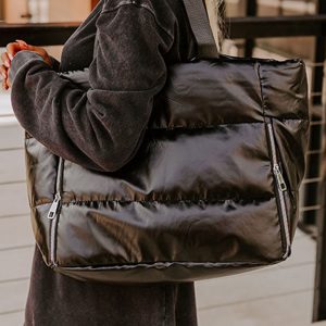 Black Solid Zipper Puffer Large Tote Bag