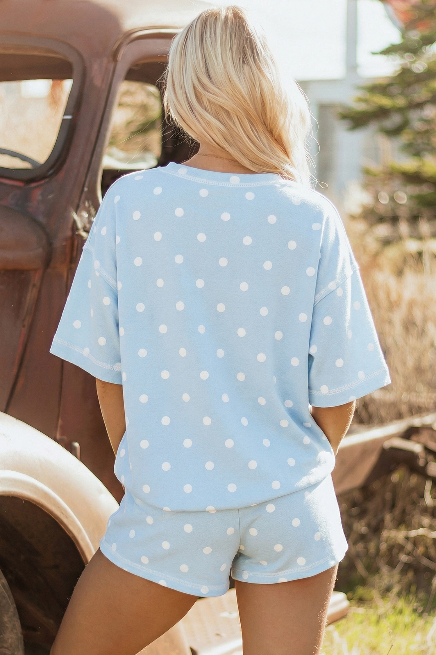 Pink Polka Dot Short Sleeve Loose Top Drawstring Shorts Set - Image 14