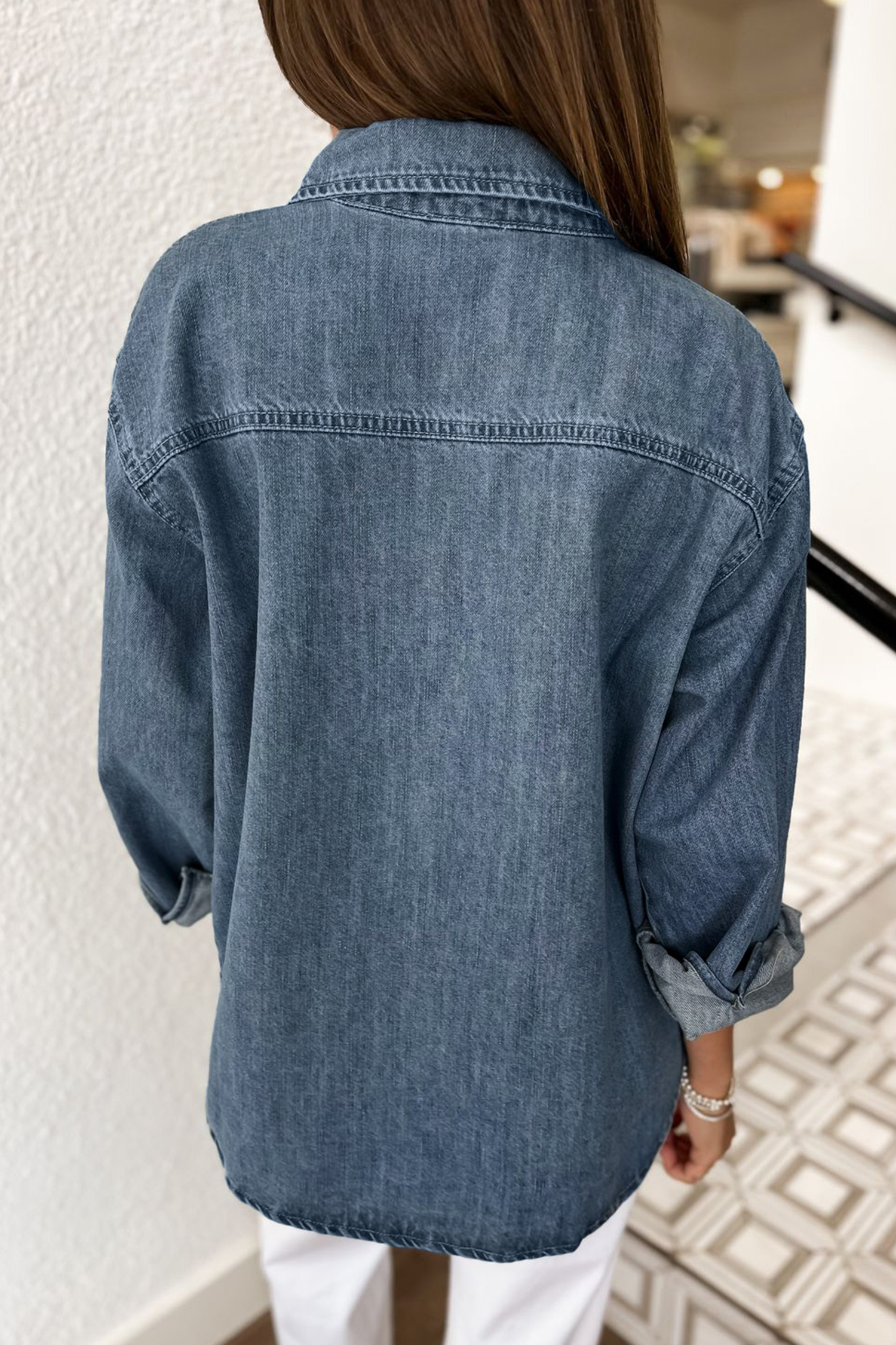 Sky Blue Color Block Pocket Detail Casual Button Down Denim Shirt - Image 4