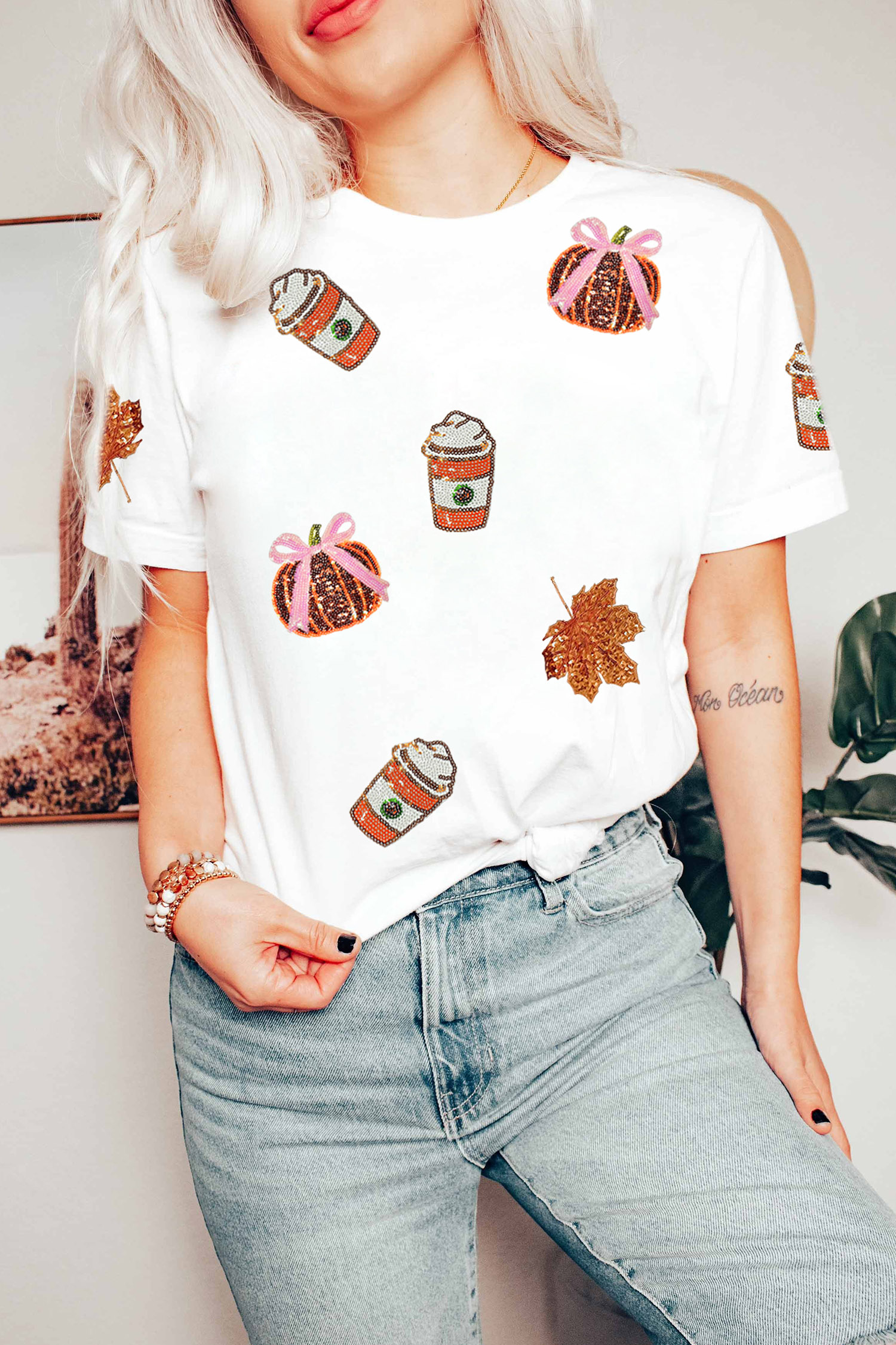 White Sequined Pumpkin Fall Graphic Casual Shift T Shirt - Image 4