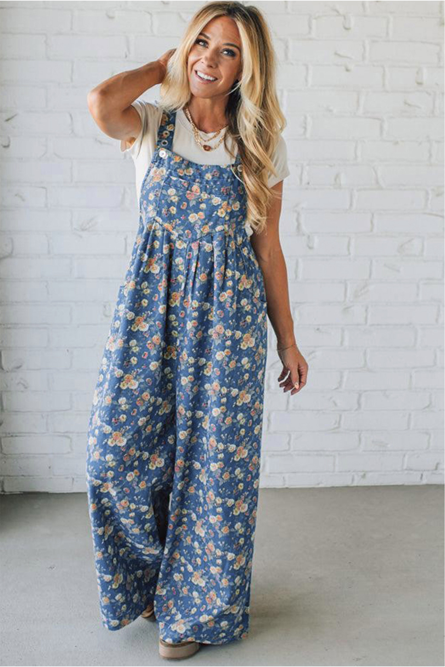 Blue Vintage Rose Printed Pleated Loose Denim Overall Jumpsuit - Image 5