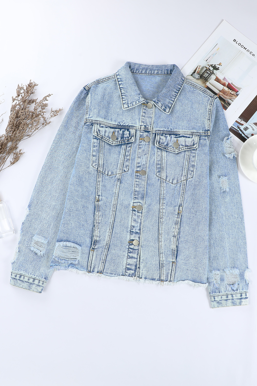Sky Blue Lapel Distressed Raw Hem Buttons Denim Jacket - Image 5