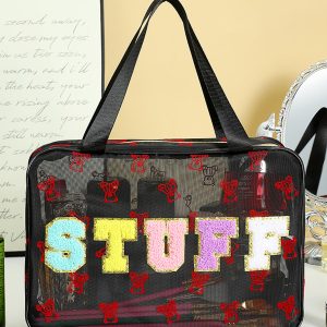 Color black STUFF Chenille Letter Patched Teddy Bear Mesh Lightweight Makeup Bag