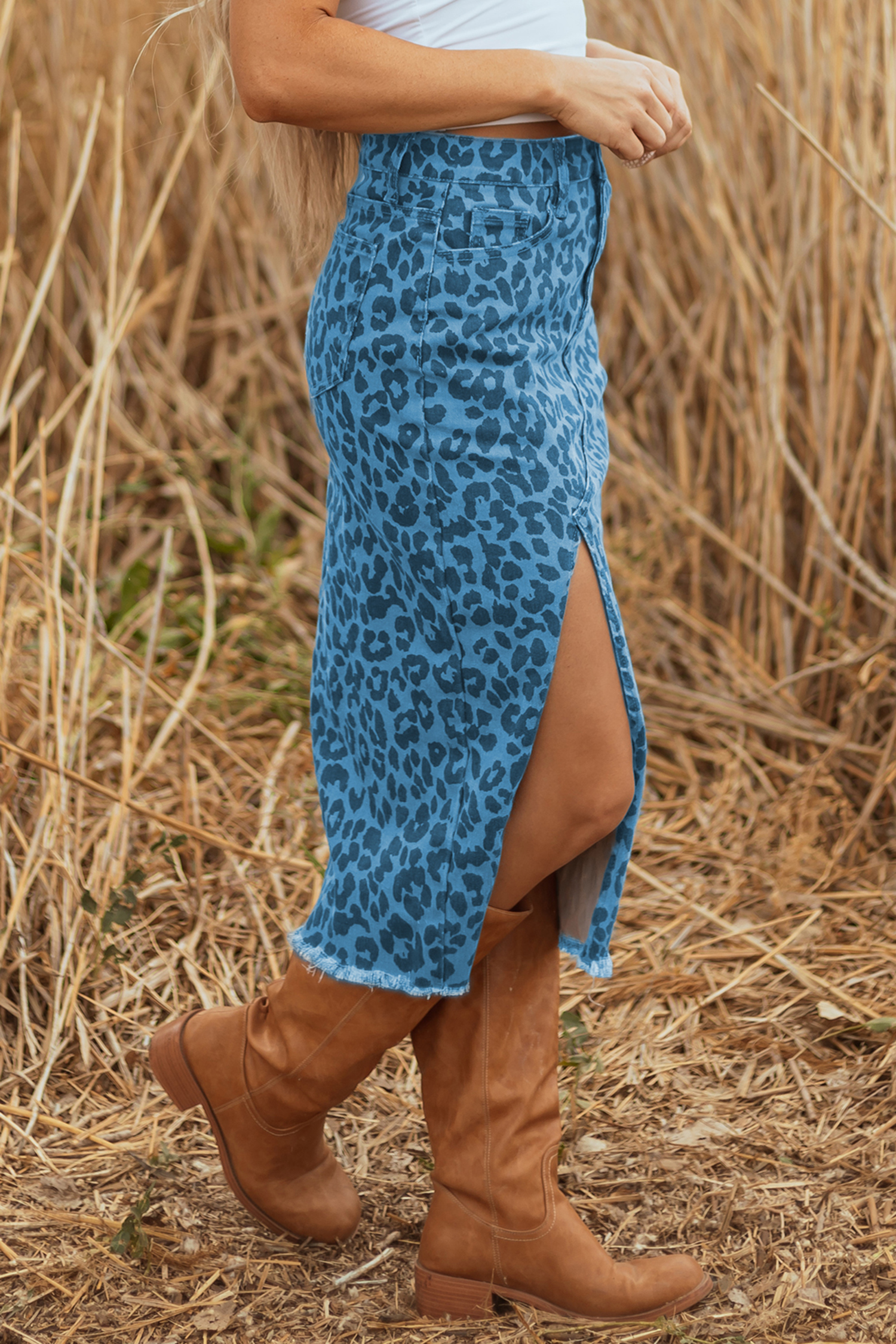 Brown Leopard Print Frayed Edge Denim Skirt Long Casual Daily Wear - Imagen 6