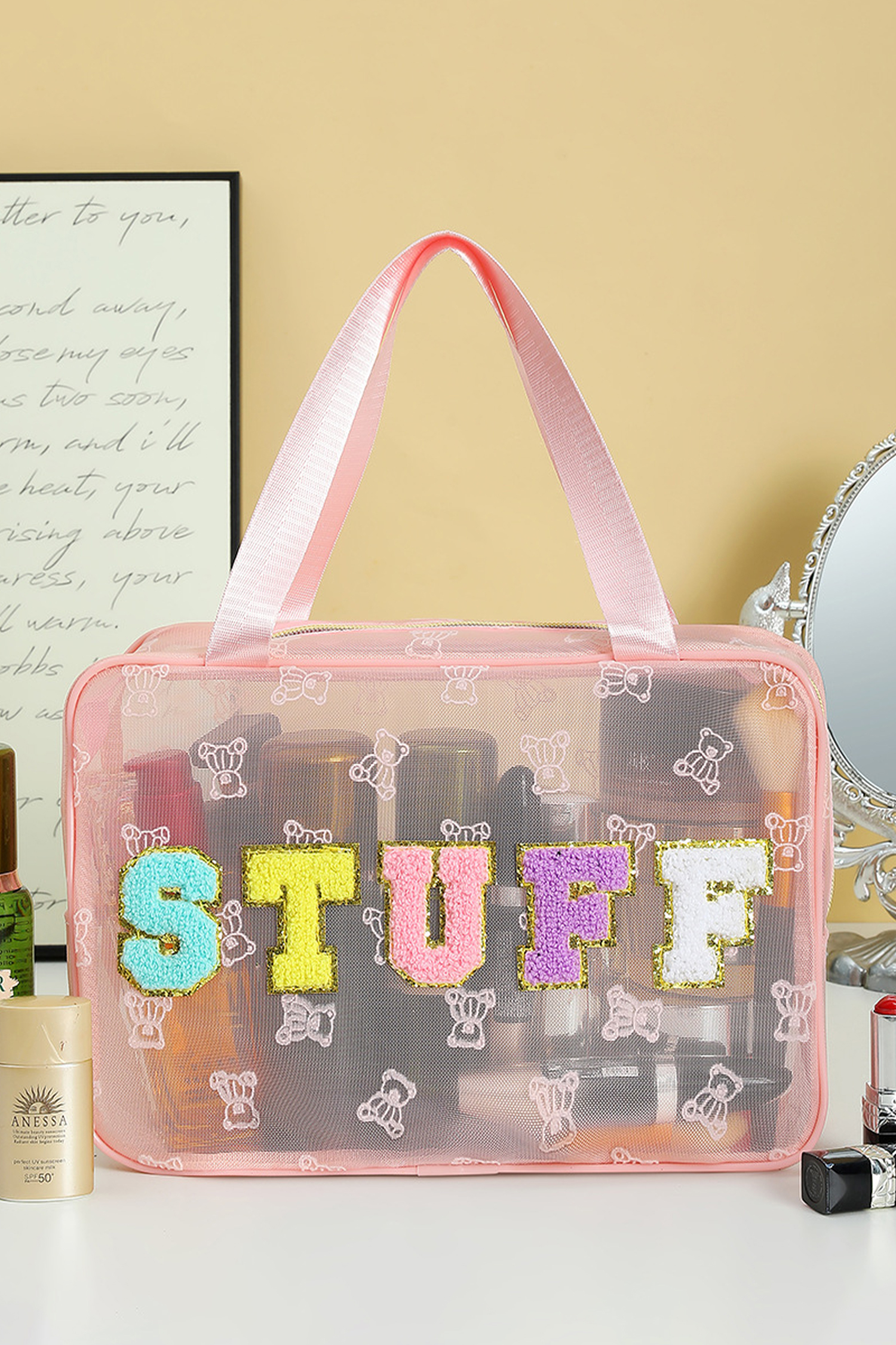 Color black STUFF Chenille Letter Patched Teddy Bear Mesh Lightweight Makeup Bag - Image 4