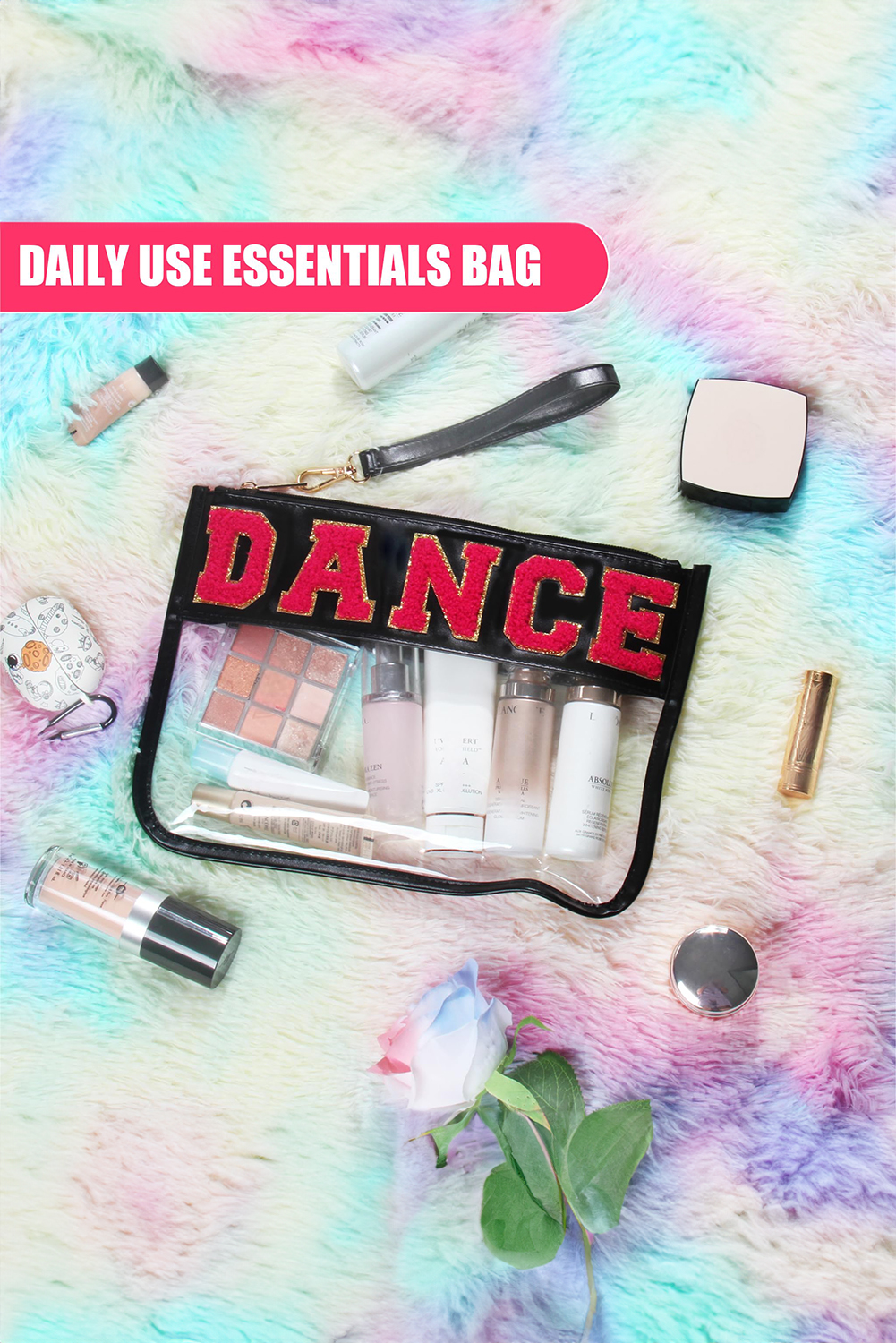 Black DANCE Chenille Letter PU Leather Patchwork Clear Makeup Bag - Image 2