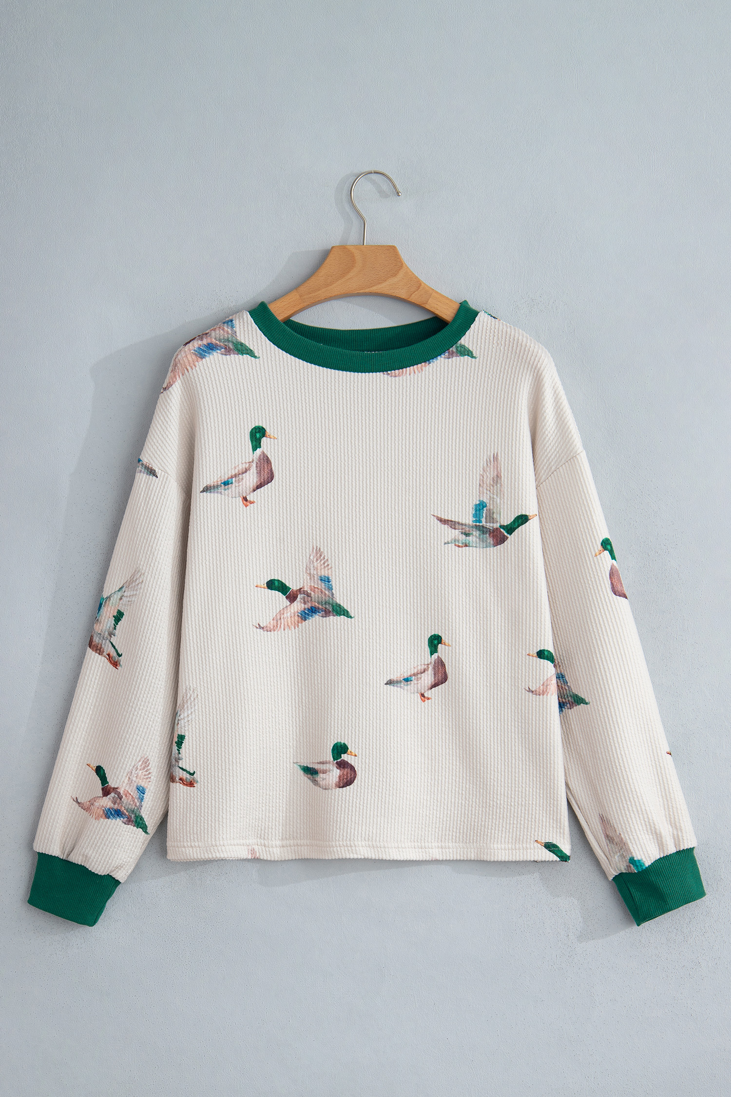 Beige Twisted Ribbed Duck Print Crewneck Casual Pullover Top - Image 3