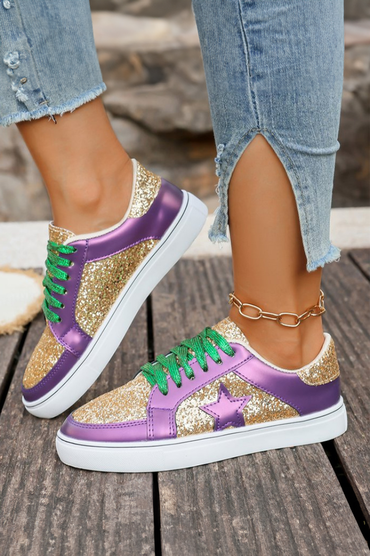Dearlove Gold Glitter Star Patchwork PU Leather Lace-up Sneakers - Image 9