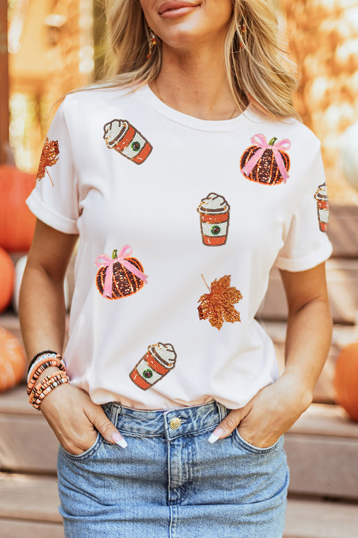 White Sequined Pumpkin Fall Graphic Casual Shift T Shirt - Image 5