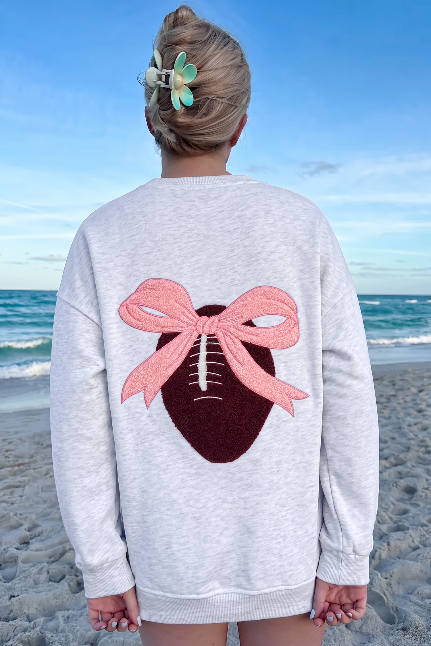 Light Grey Embroidered Football Bow Back Long Sleeve Sweatshirt - Image 3