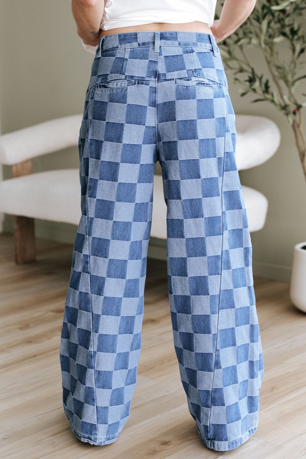 Dusk Blue Checkered Denim Wide Leg Jeans - Image 3
