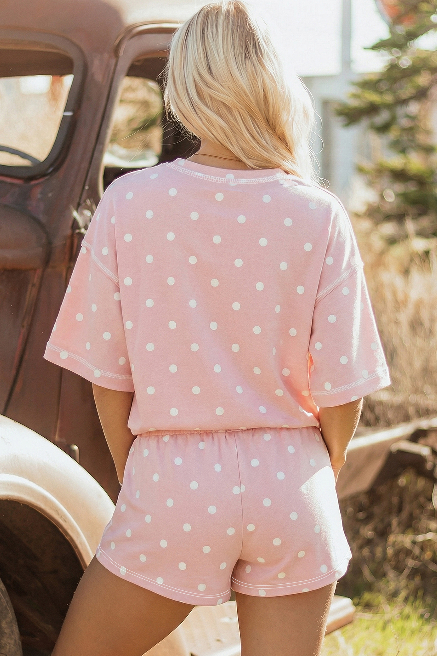 Pink Polka Dot Short Sleeve Loose Top Drawstring Shorts Set - Image 2