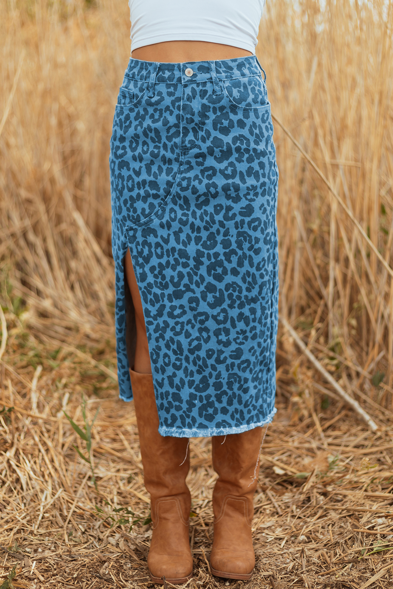Brown Leopard Print Frayed Edge Denim Skirt Long Casual Daily Wear - Imagen 4