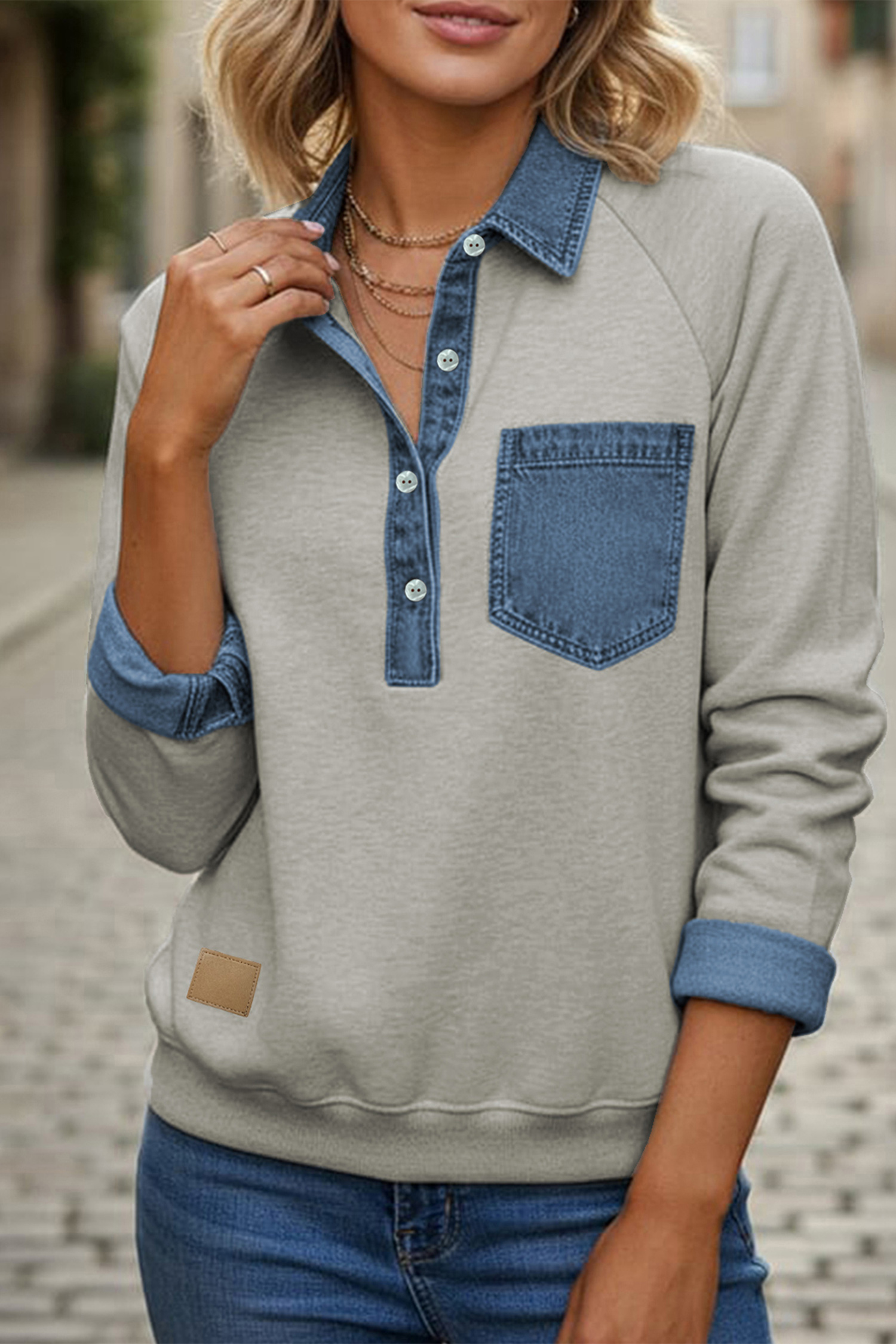 Gray Denim Collar Patchwork Long Sleeve Pullover Top - Image 5