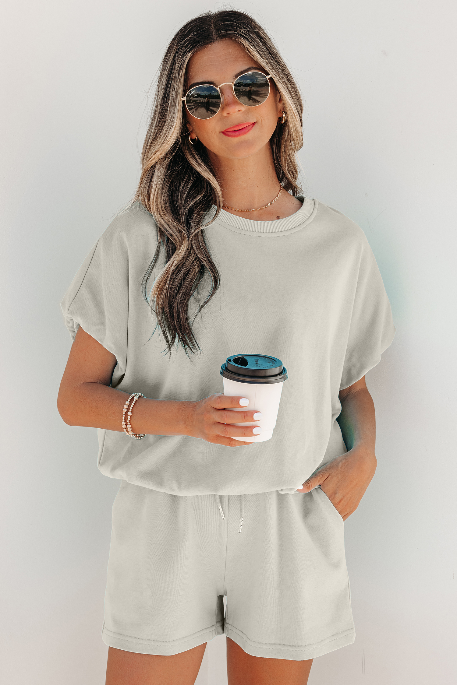 Light Blue Solid Color Puffy Loose Top Drawstring Shorts 2pcs Outfit - Imagen 4