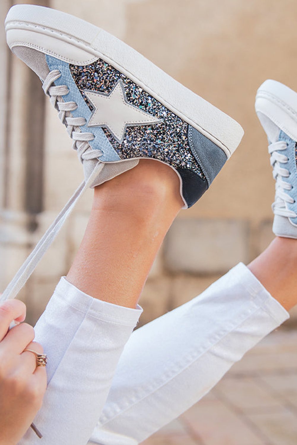 Silvery Star Glitter Patchwork Lace-up Sneakers - Image 2