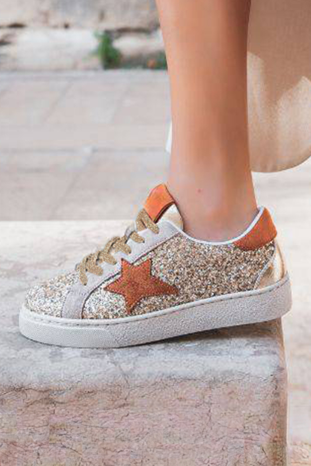 Gold Star Patchwork Sequined Lace-up Sneakers - Imagen 3