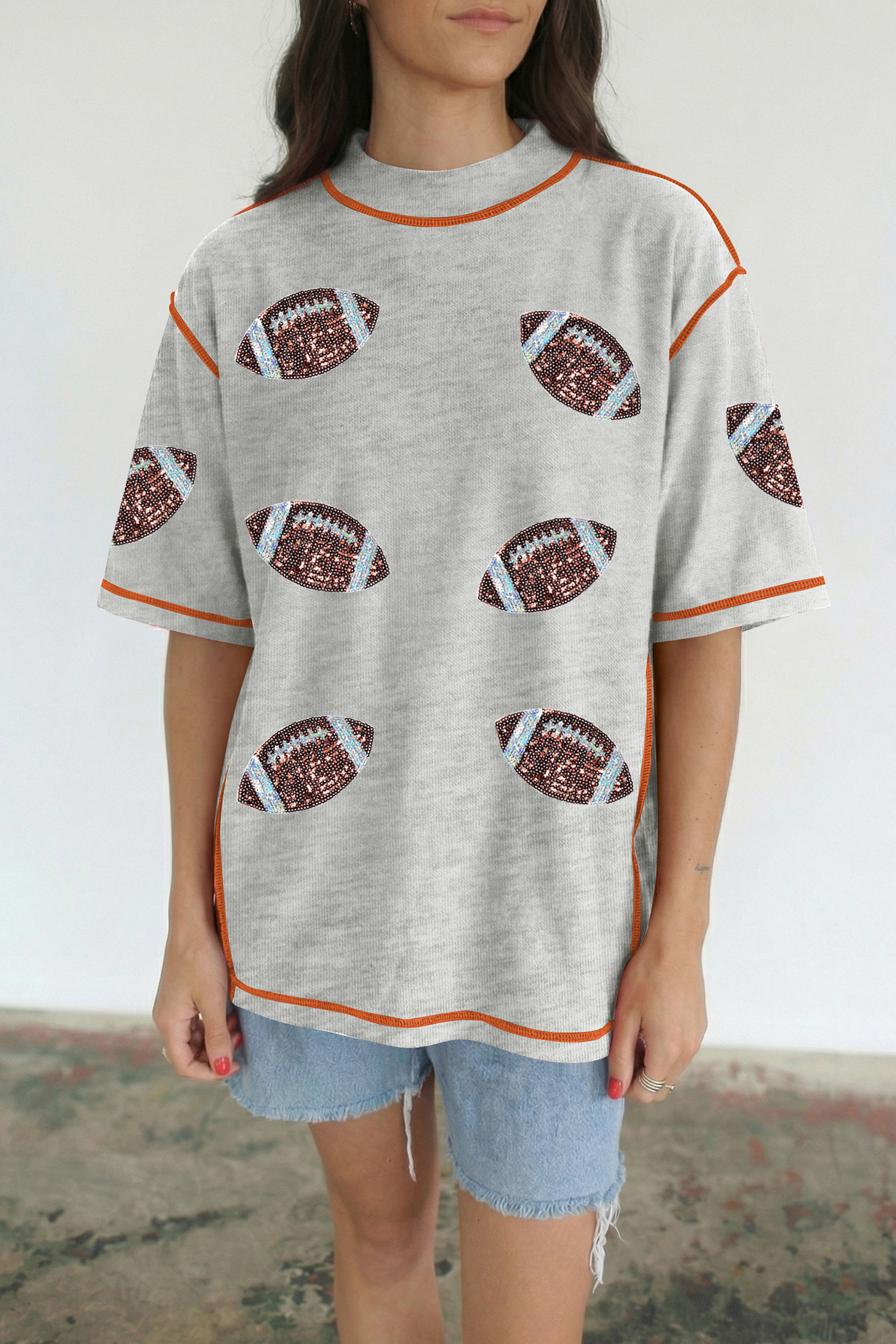 Light Grey Sequin Rugby Football Pattern Contrast Stitched T Shirt - Image 3
