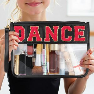Black DANCE Chenille Letter PU Leather Patchwork Clear Makeup Bag