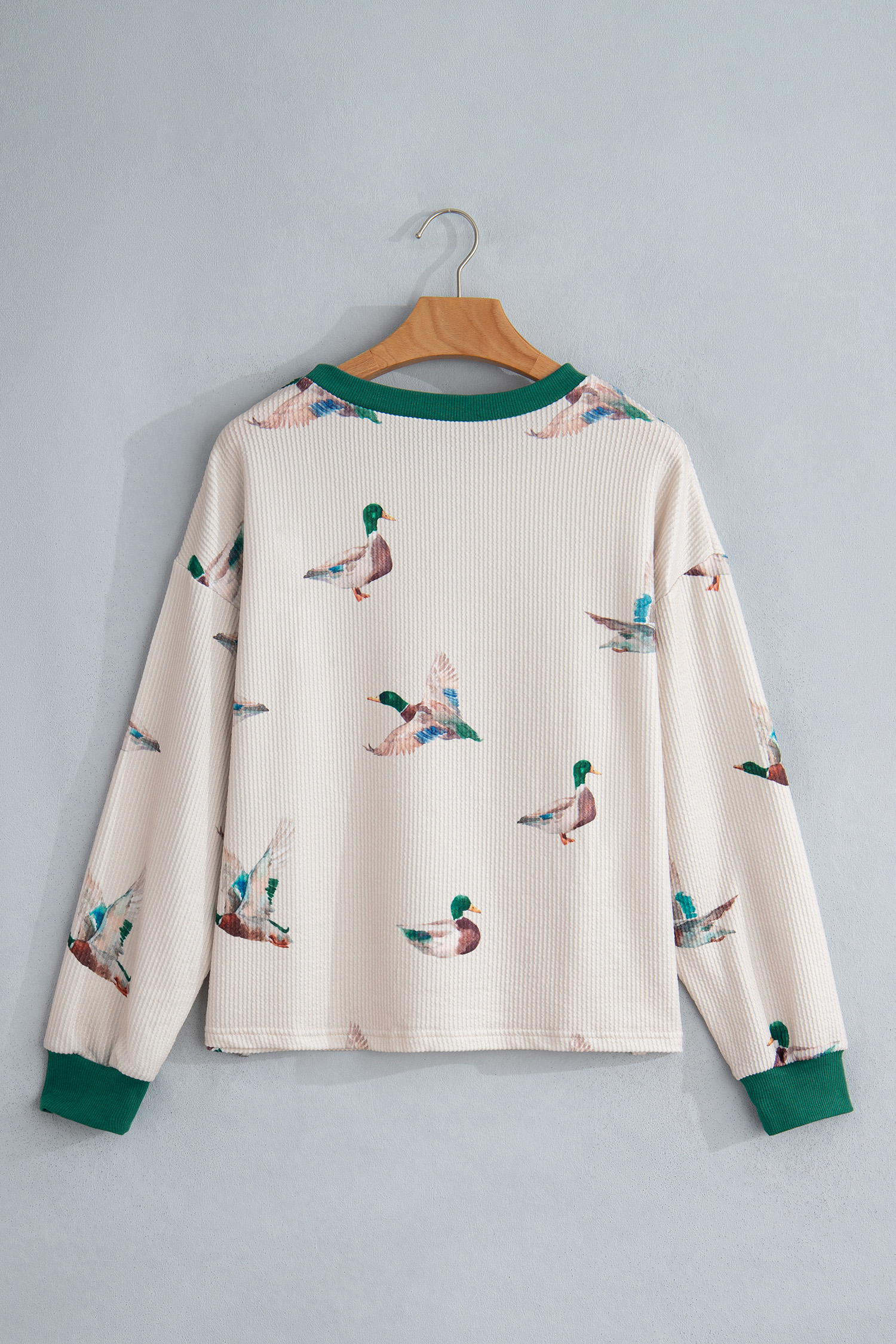 Beige Twisted Ribbed Duck Print Crewneck Casual Pullover Top - Image 4