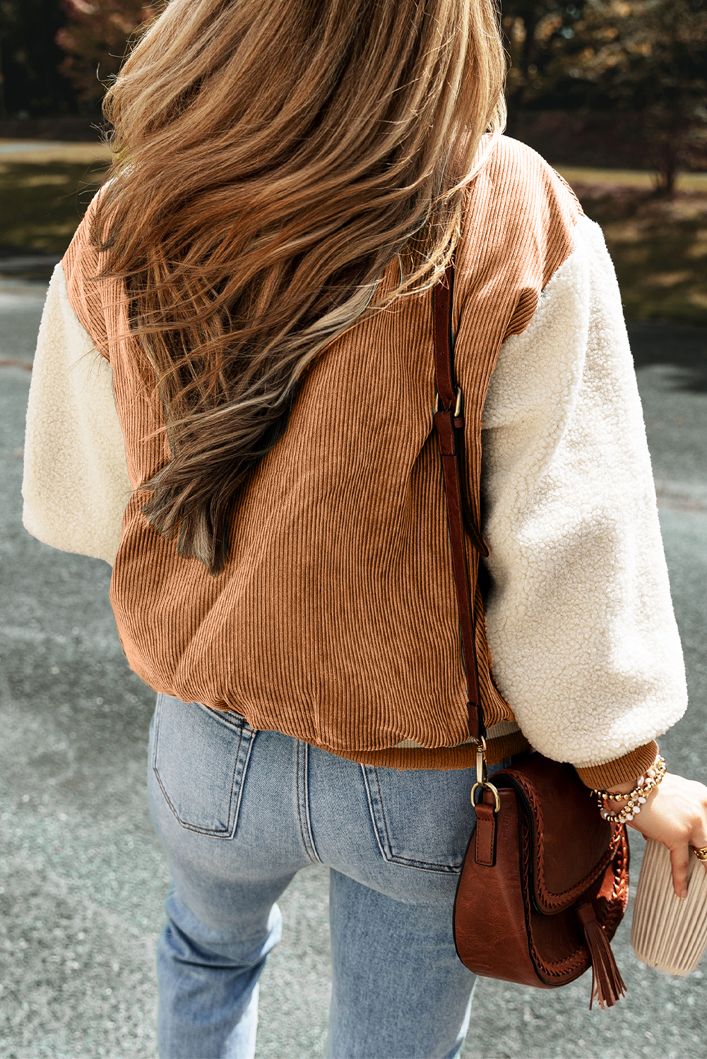 Buckskin Corduroy Fleece Patchwork Buttoned Bomber Jacket - Image 2