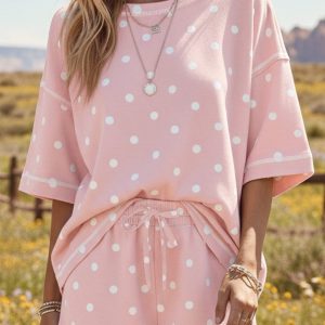 Pink Polka Dot Short Sleeve Loose Top Drawstring Shorts Set