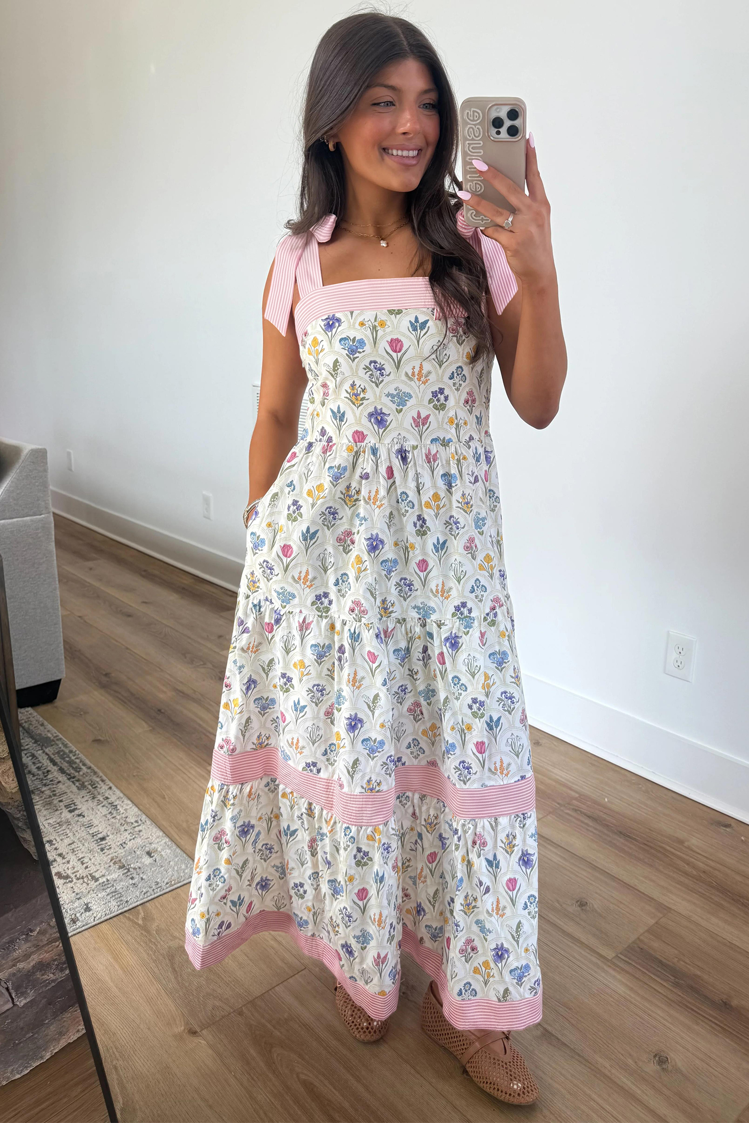 Multicolour Floral Print Striped Detail Knot Straps Maxi Dress - Image 3