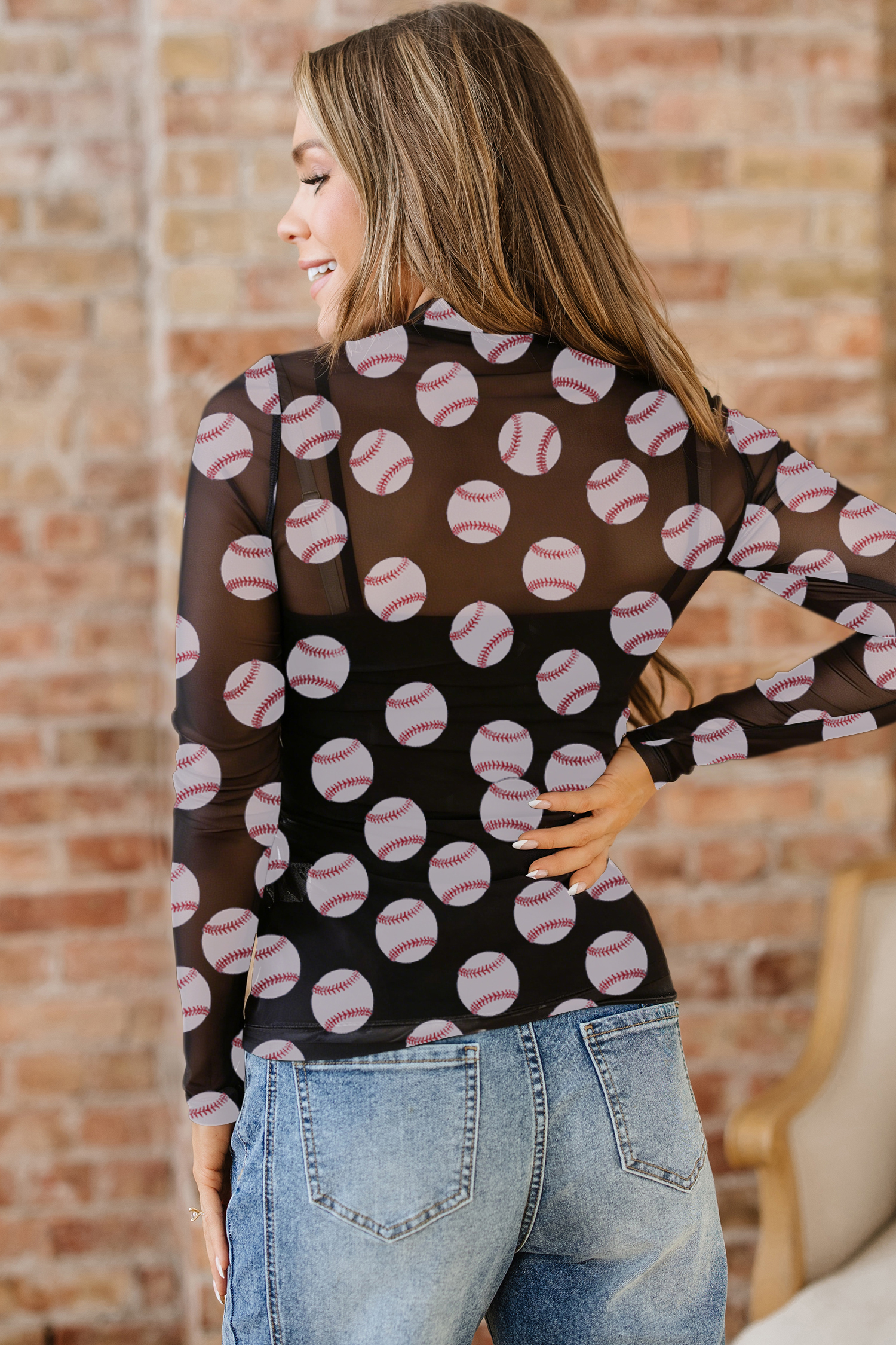 Black Rugby Game Day Sheer Mesh Long Sleeve Top - Imagen 11