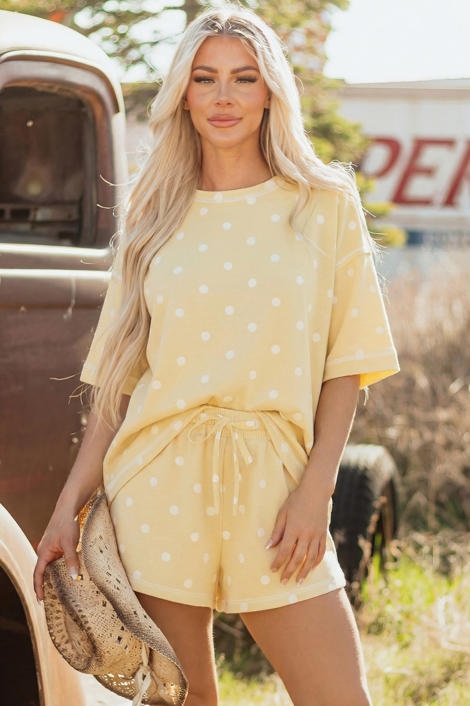 Pink Polka Dot Short Sleeve Loose Top Drawstring Shorts Set - Image 6