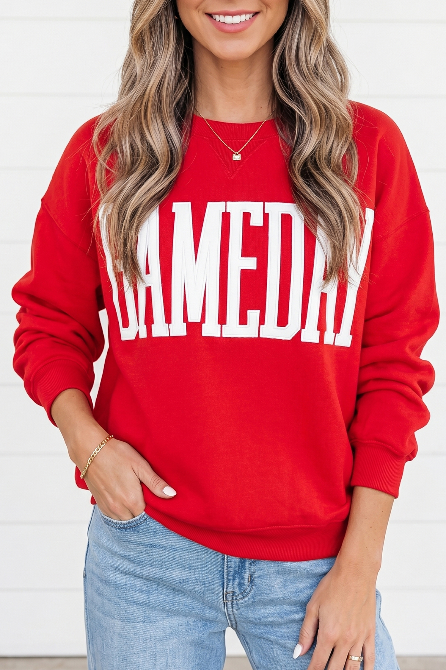 Sky Blue GAMEDAY Embroidered Patch Pattern Casual Shift Sweatshirt - Imagen 4