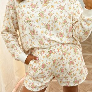 Beige Floral Print Long Sleeve Shift Top Pocketed Shorts 2pcs Set