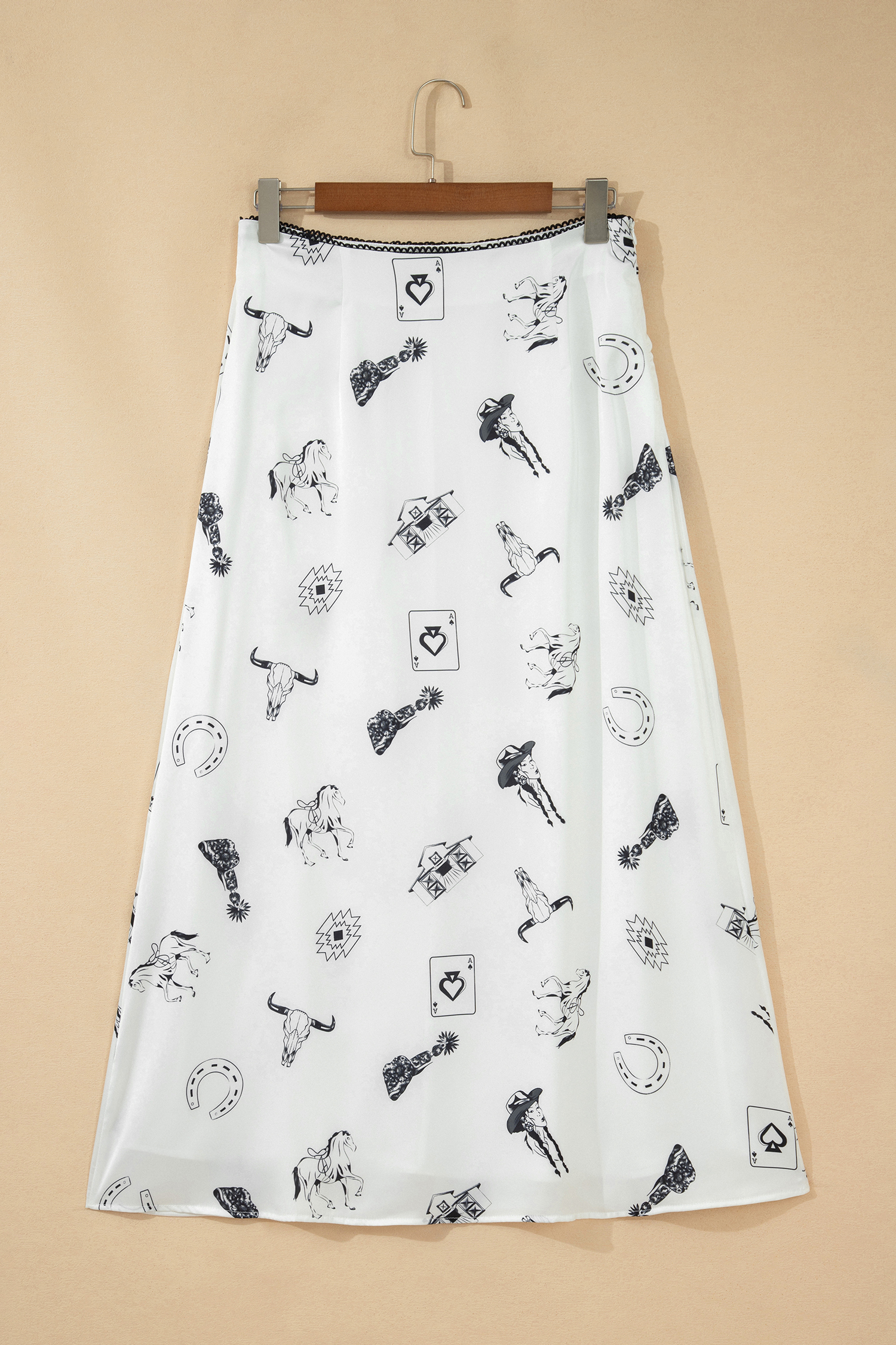 White Western Print Satin Long Skirt - Image 3