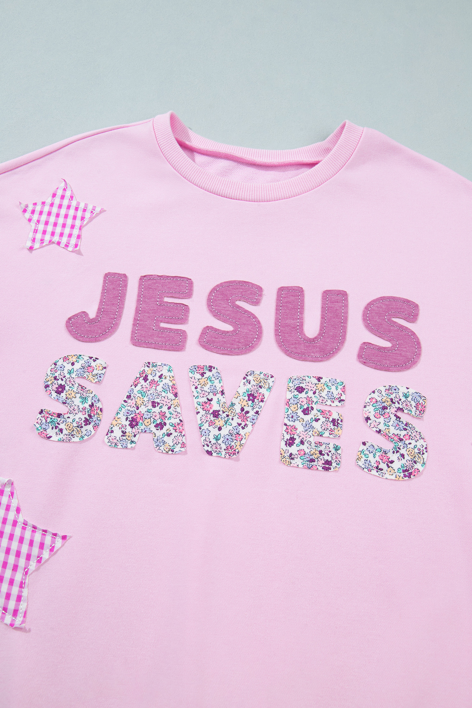 Pink Patchwork Stars Plaid Unique Floral Letters Baggy Sweatshirt - Image 9