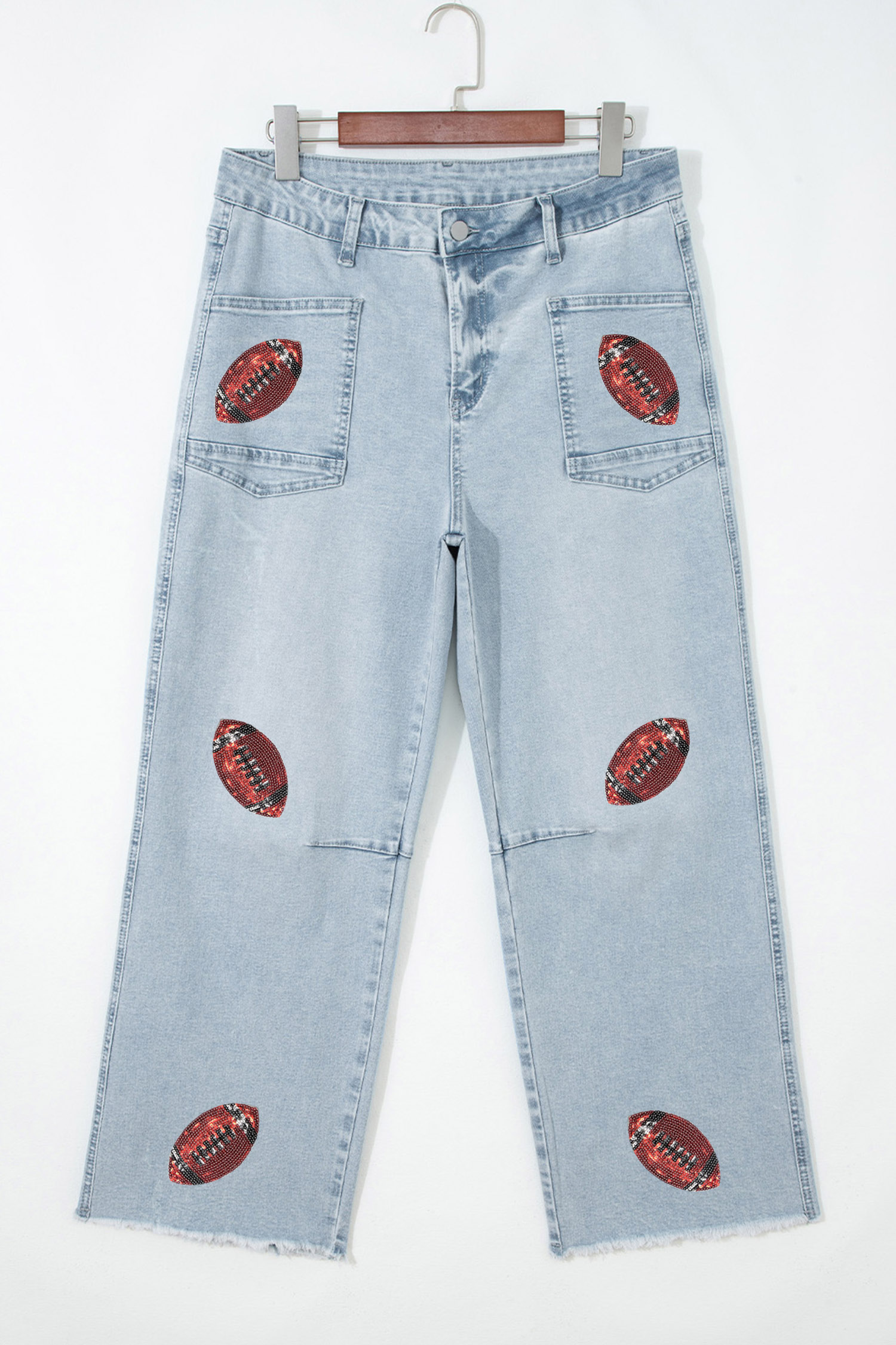 Beau Blue Sequin Rugby Pattern Raw Hem Casual Jeans - Image 7