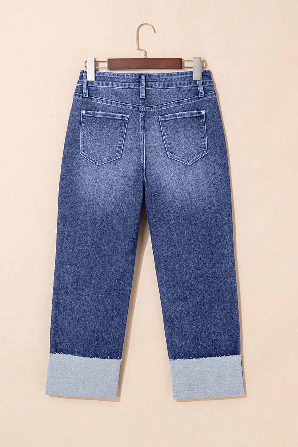 Real Teal Folded Cuffs Distressed Straight High Waist Jeans - Image 4