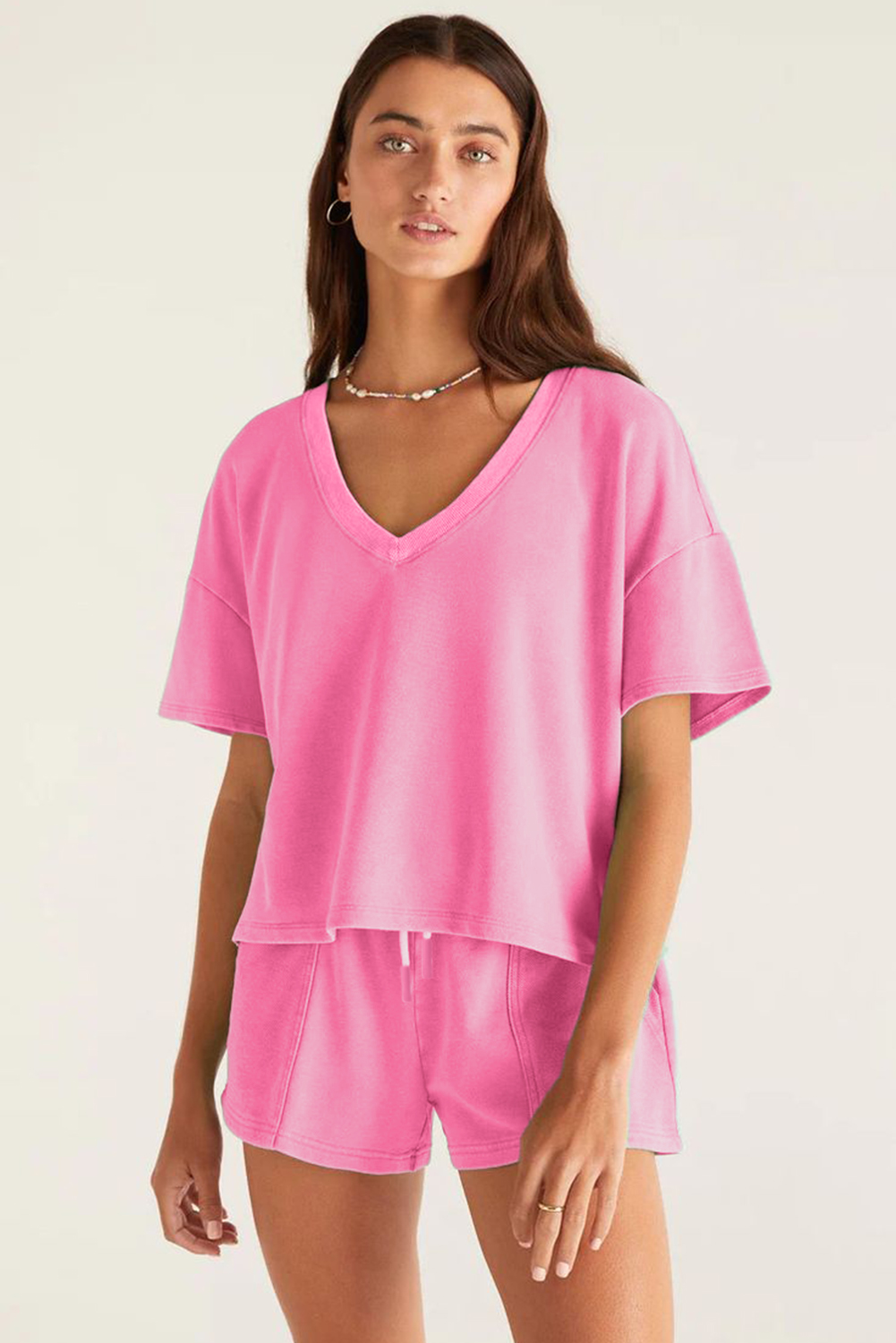 Bonbon V Neck Drop Shoulder Tee and Patchwork Drawstring Elastic Waistband Shorts Set - Imagen 3