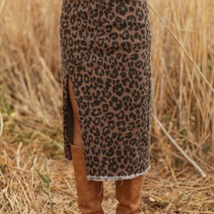 Brown Leopard Print Frayed Edge Denim Skirt Long Casual Daily Wear