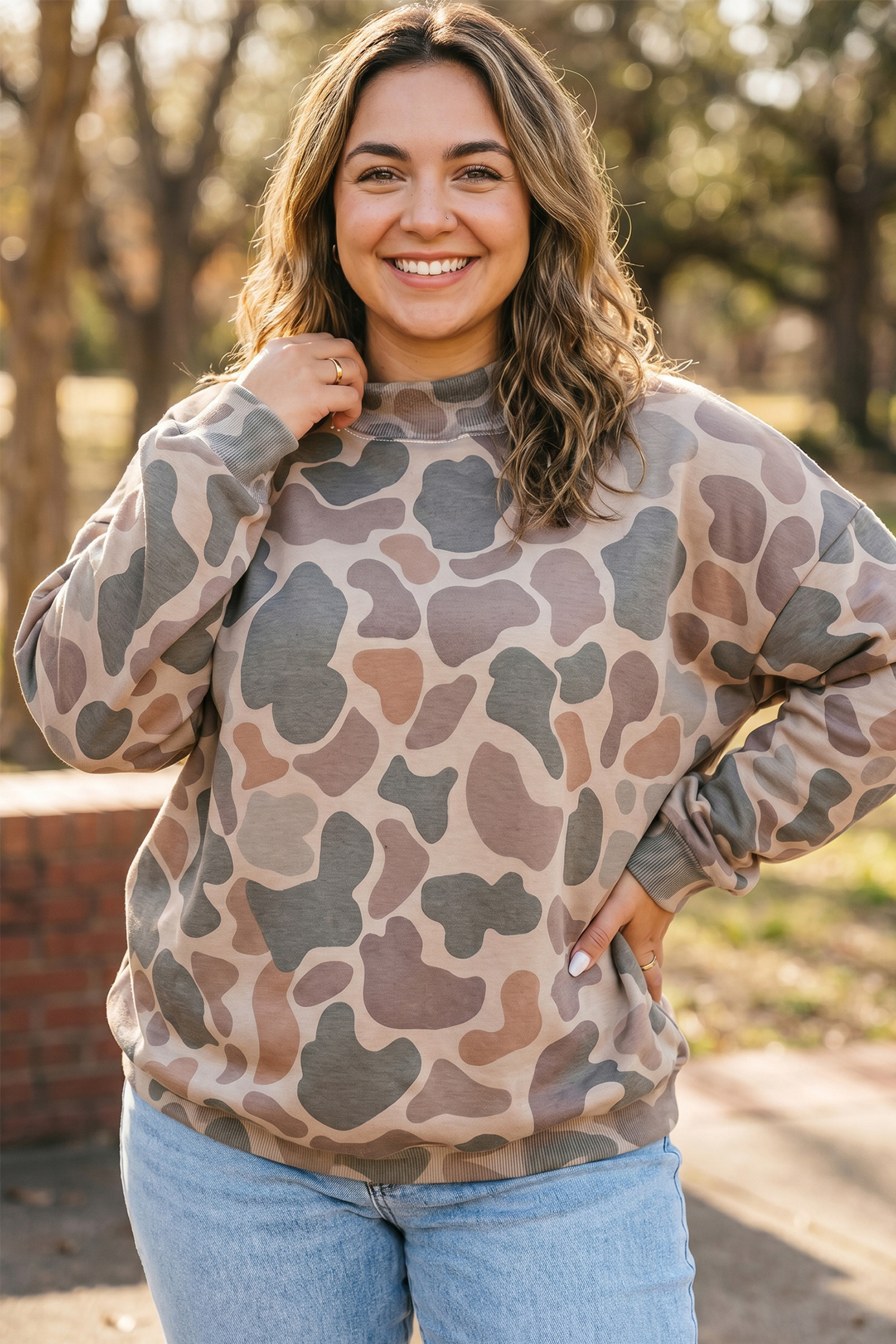 Multicolour Camo Print Ribbed Mock Neck Plus Size Sweatshirt - Imagen 2