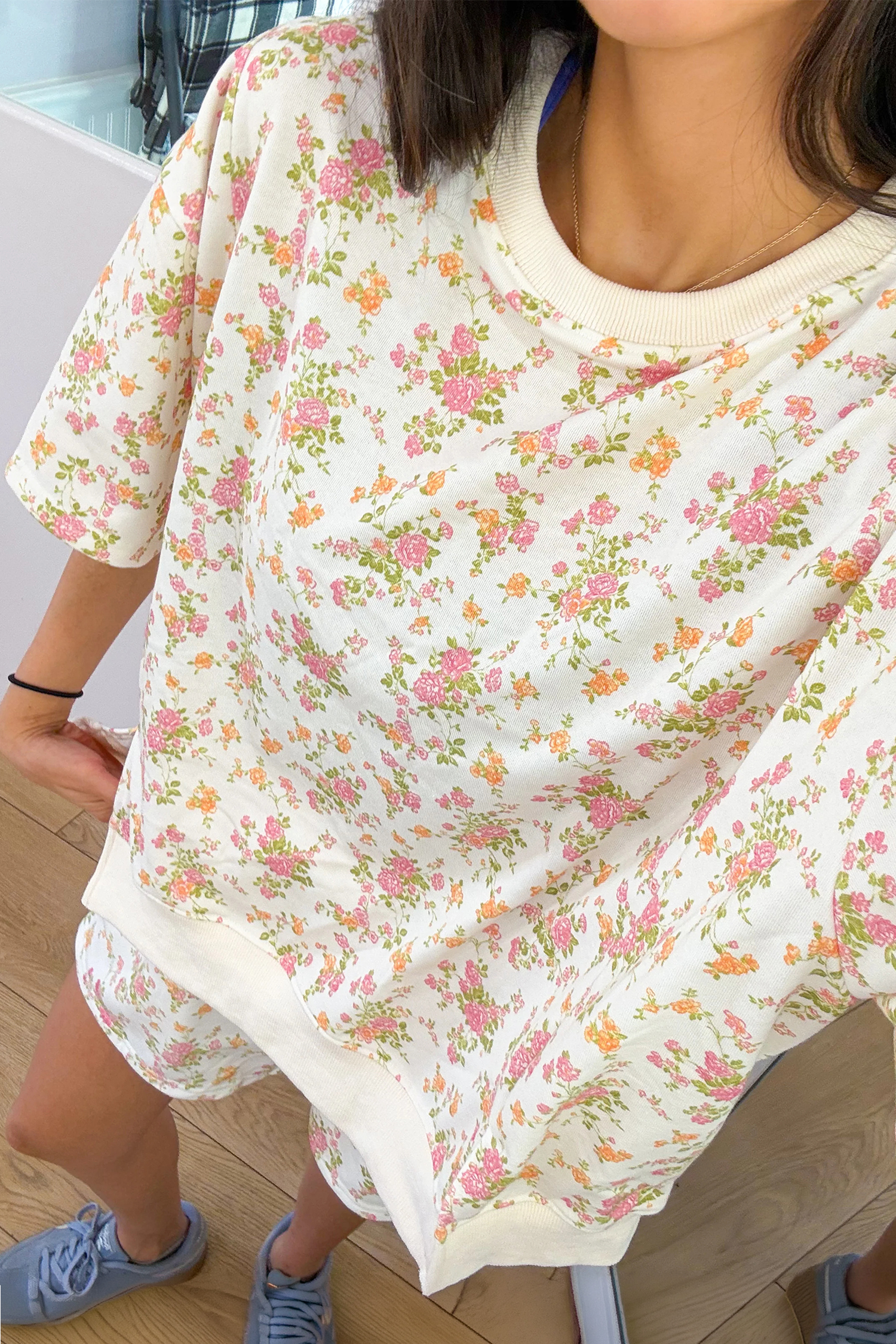 Pink Floral Print Short Sleeve Elastic Waist Pocket Two Piece Set - Imagen 2