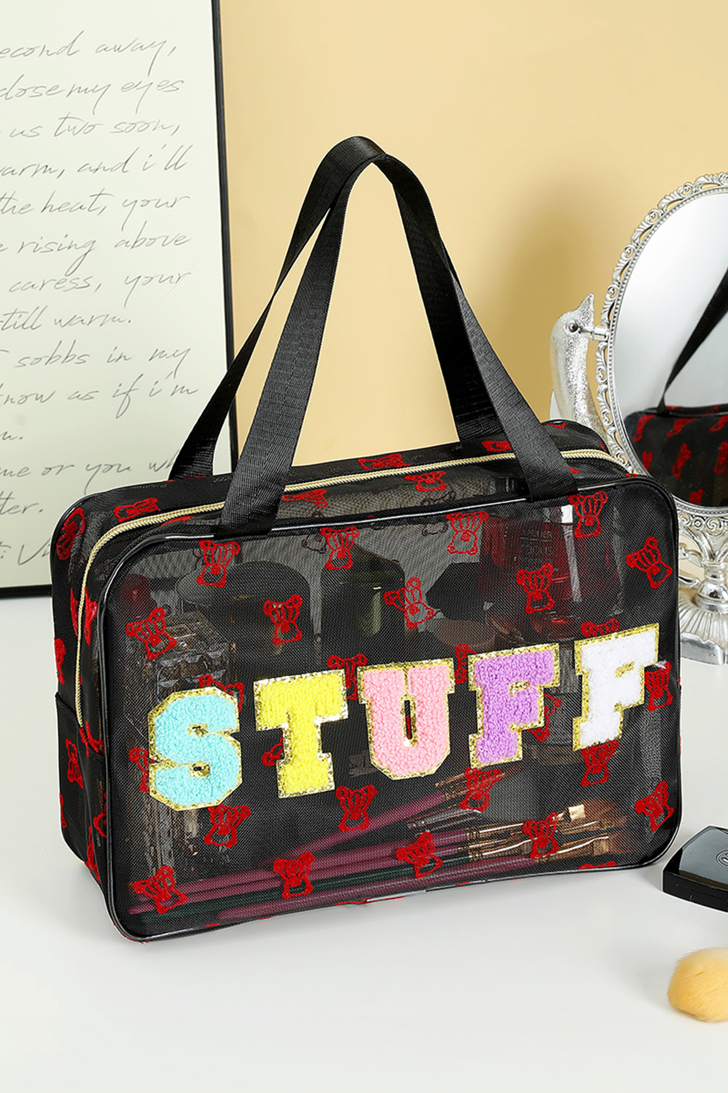 Color black STUFF Chenille Letter Patched Teddy Bear Mesh Lightweight Makeup Bag - Image 2